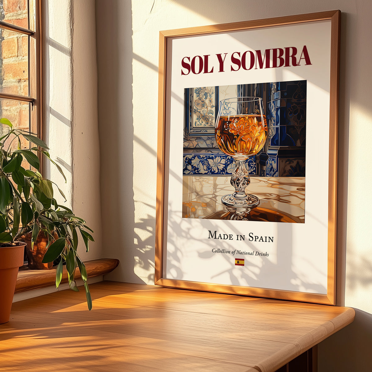 Sol y Sombra – Spanish Cocktail Drink, Cocktail Lounge Wall Art, no-text version framed in wood