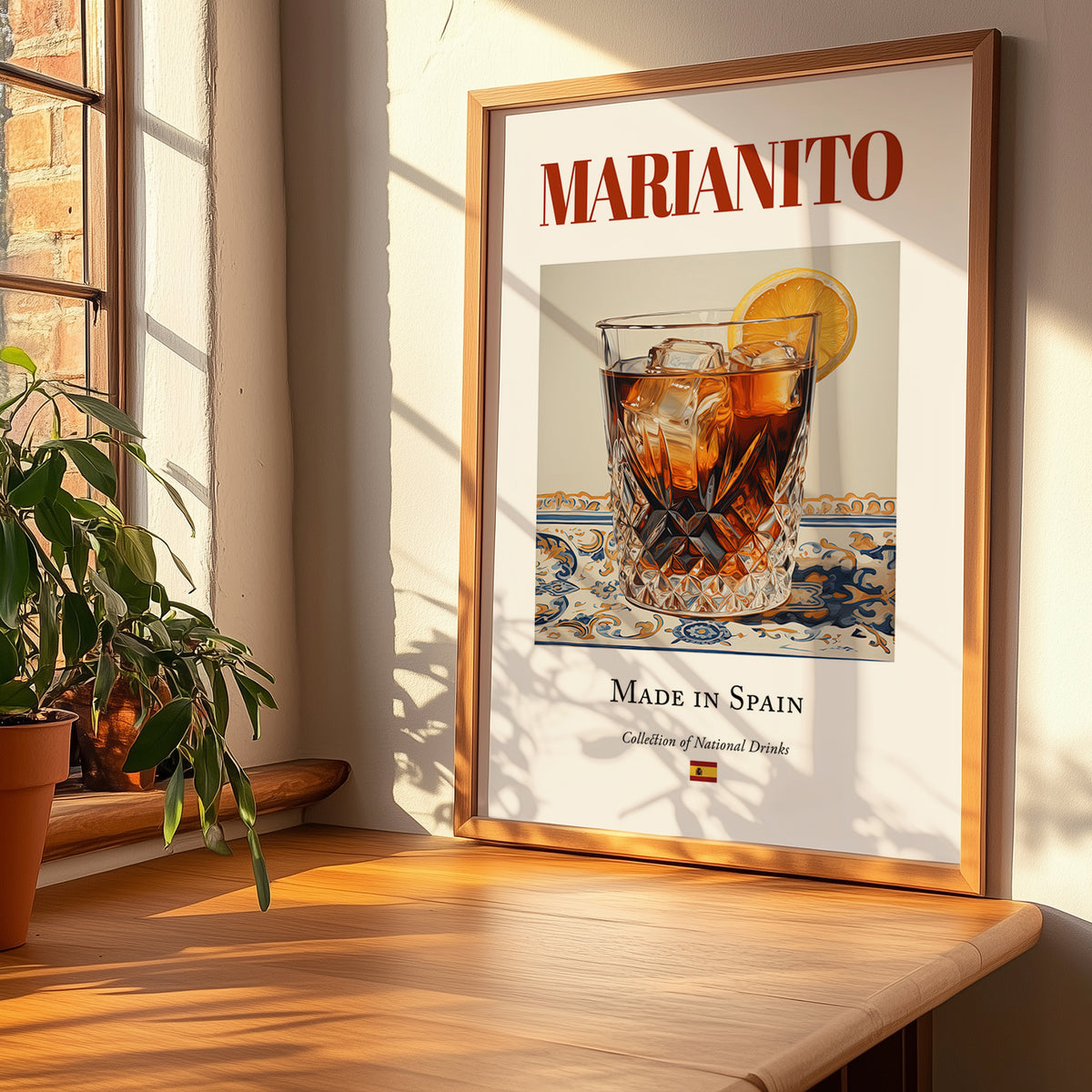 Marianito – Spanish Cocktail Drink, Beach Bar Painting, no-text version framed in wood