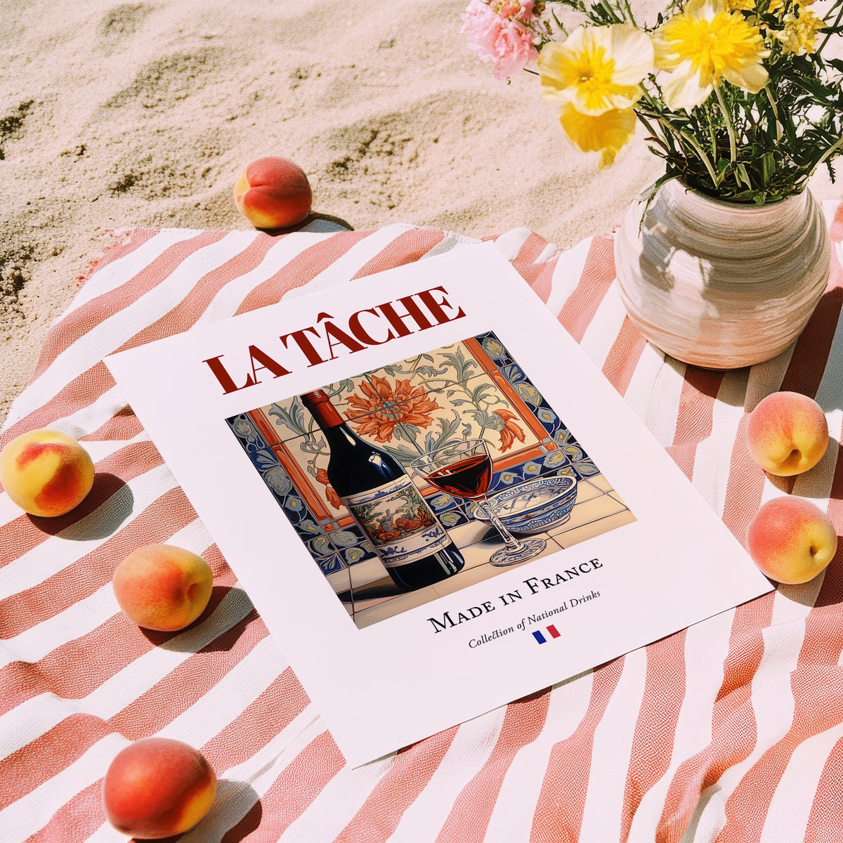 La Tâche – French Red Wine, Wine Bar Illustration, unframed on coastal sand