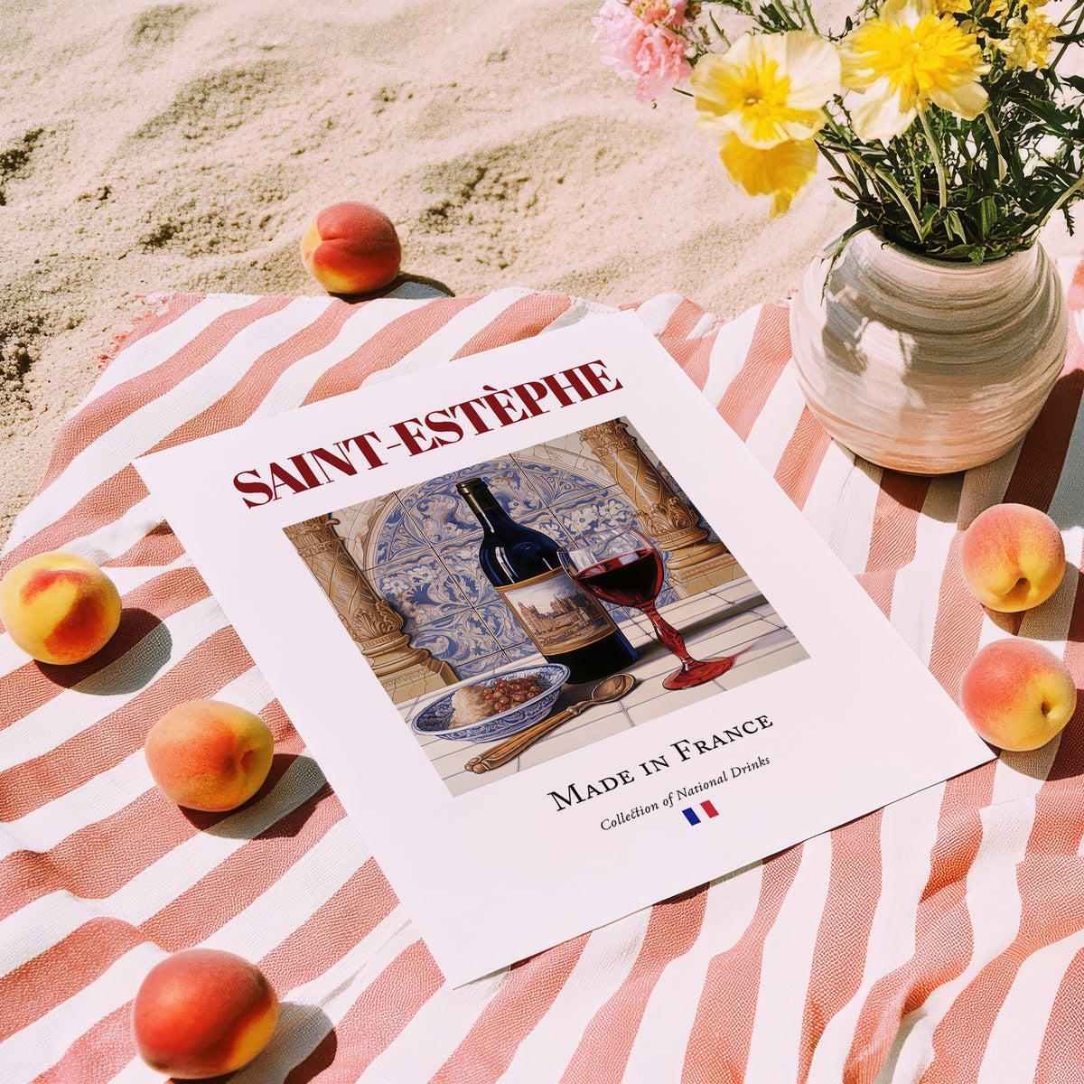 Saint-Estèphe – French Red Wine, Wine Bar Still Life, unframed on coastal sand