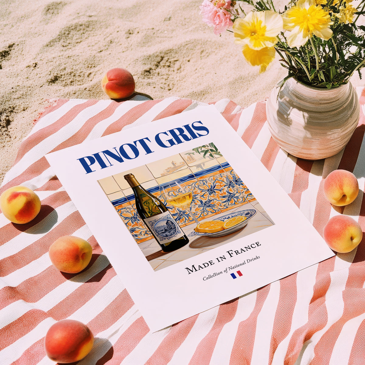 Pinot Gris – French White Wine, Tasting Room Still Life, unframed on coastal sand