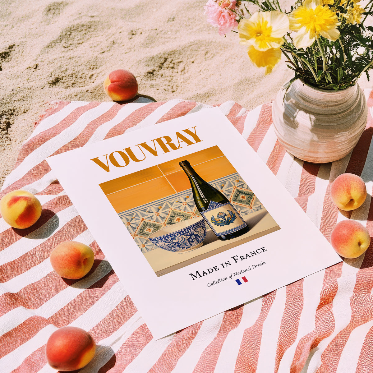 Vouvray – French White Wine, Wine Bar Wall Art, unframed on coastal sand