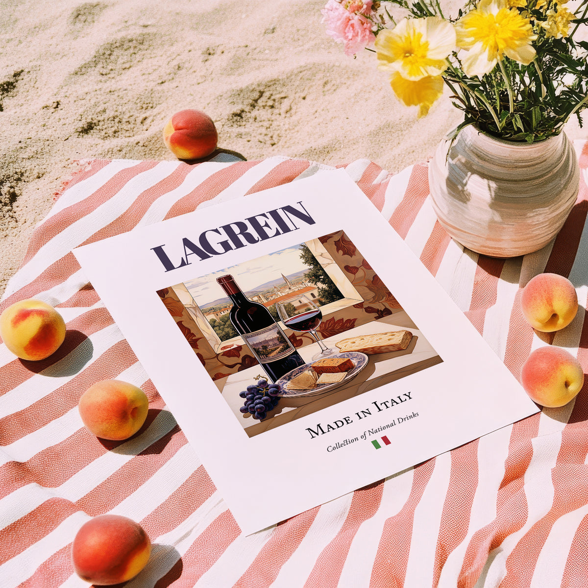 Lagrein – Italian Red Wine, Wine Bar Wall Art, unframed on coastal sand