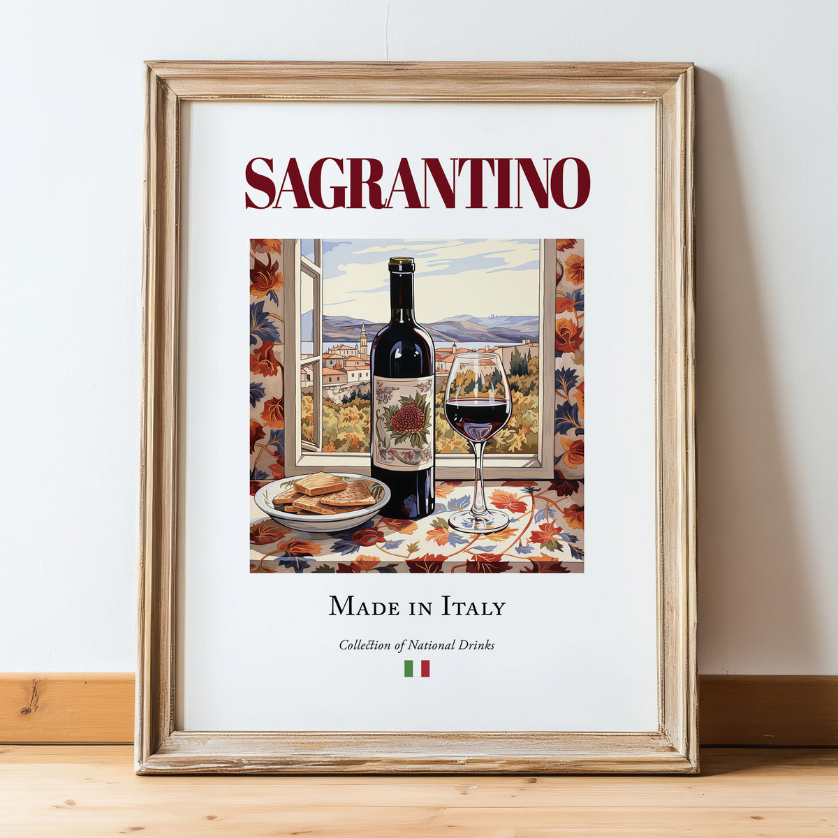 Sagrantino – Italian Red Wine, Wine Bar Wall Art, in wooden frame leaning on the floor