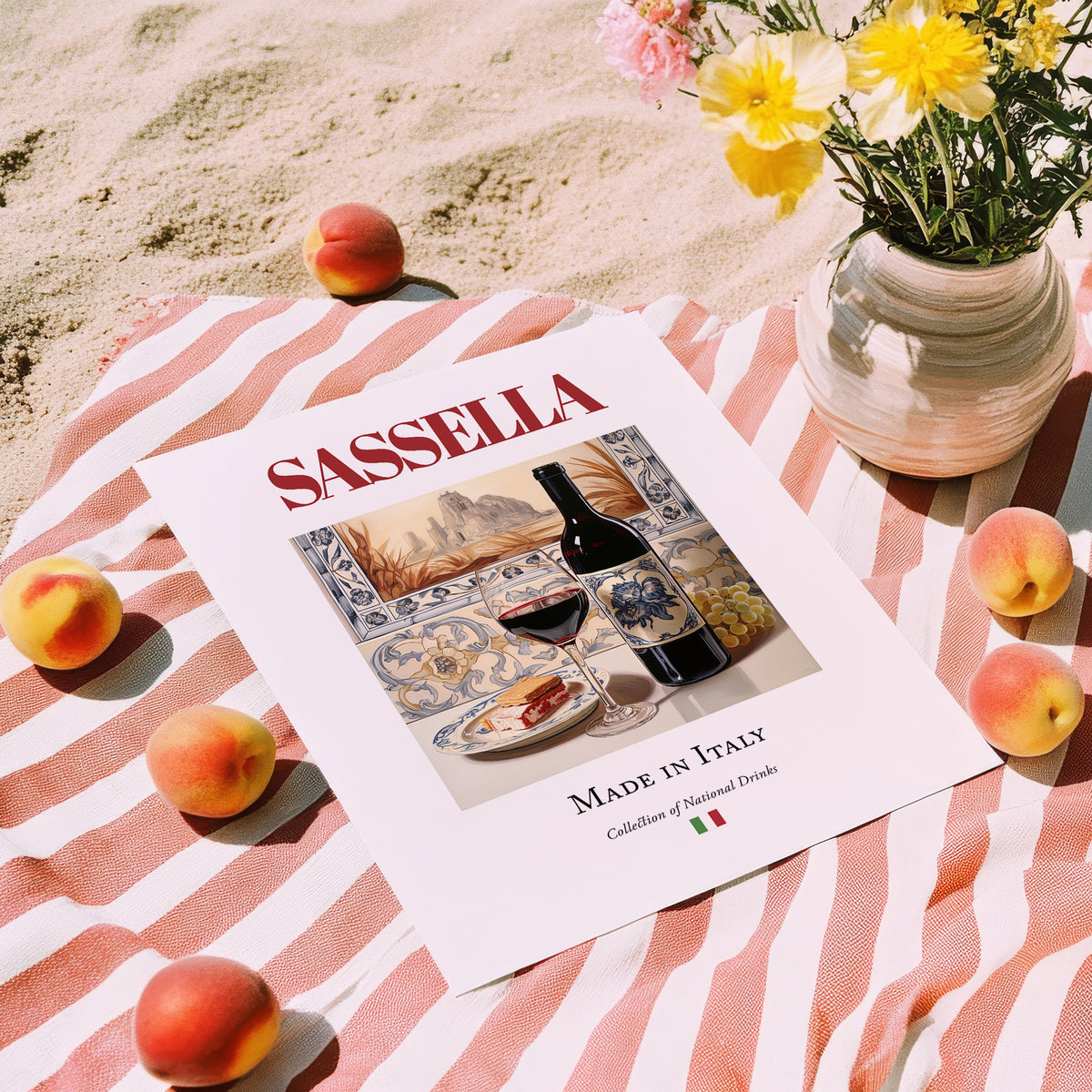 Sassella – Italian Red Wine, Vinoteca Still Life, unframed on coastal sand