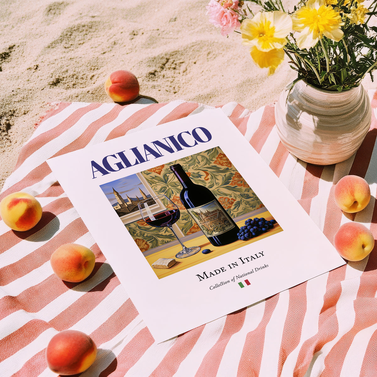 Aglianico – Italian Red Wine, Vinoteca Poster, unframed on coastal sand