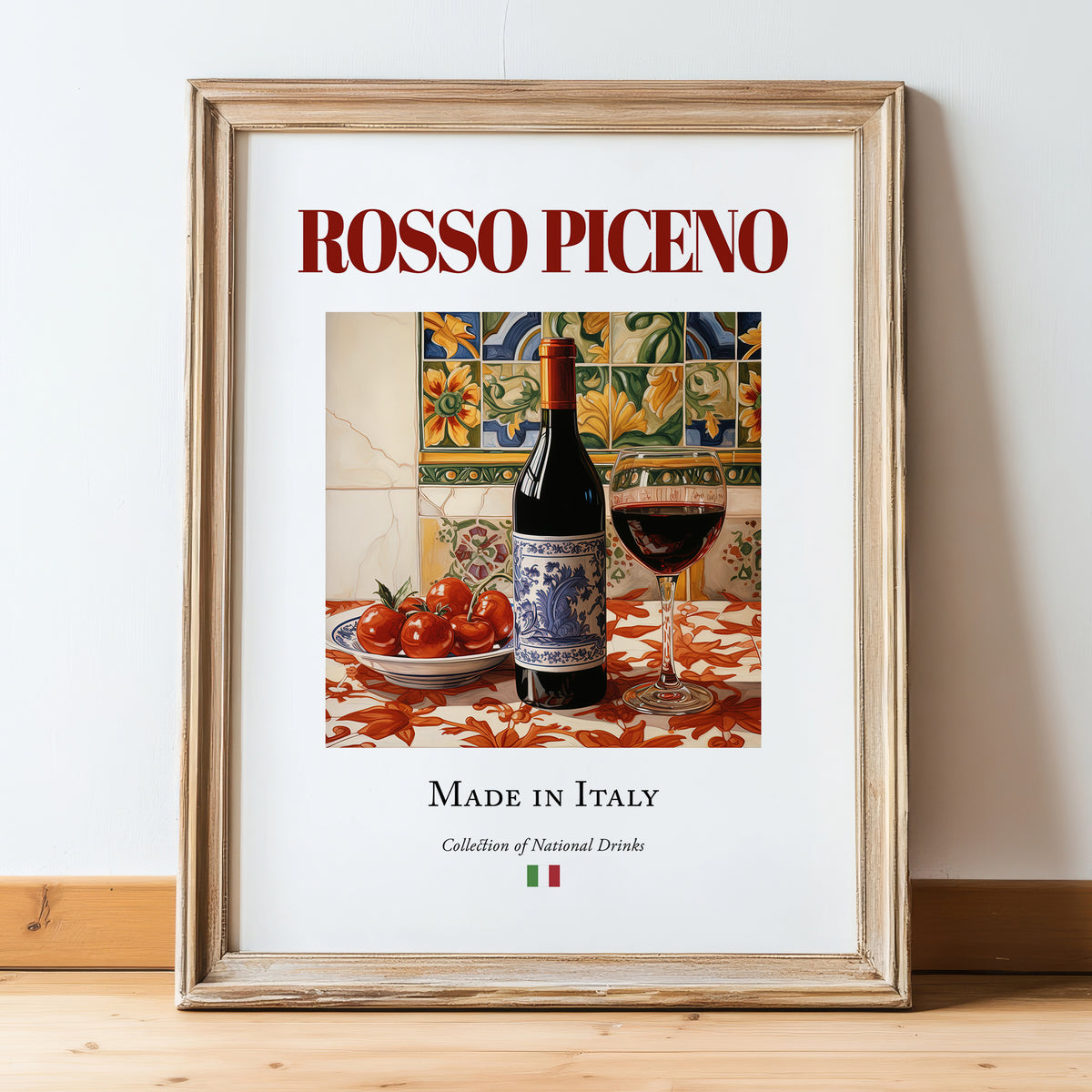 Rosso Piceno – Italian Red Wine, Vineyard Terrace Print, in wooden frame leaning on the floor