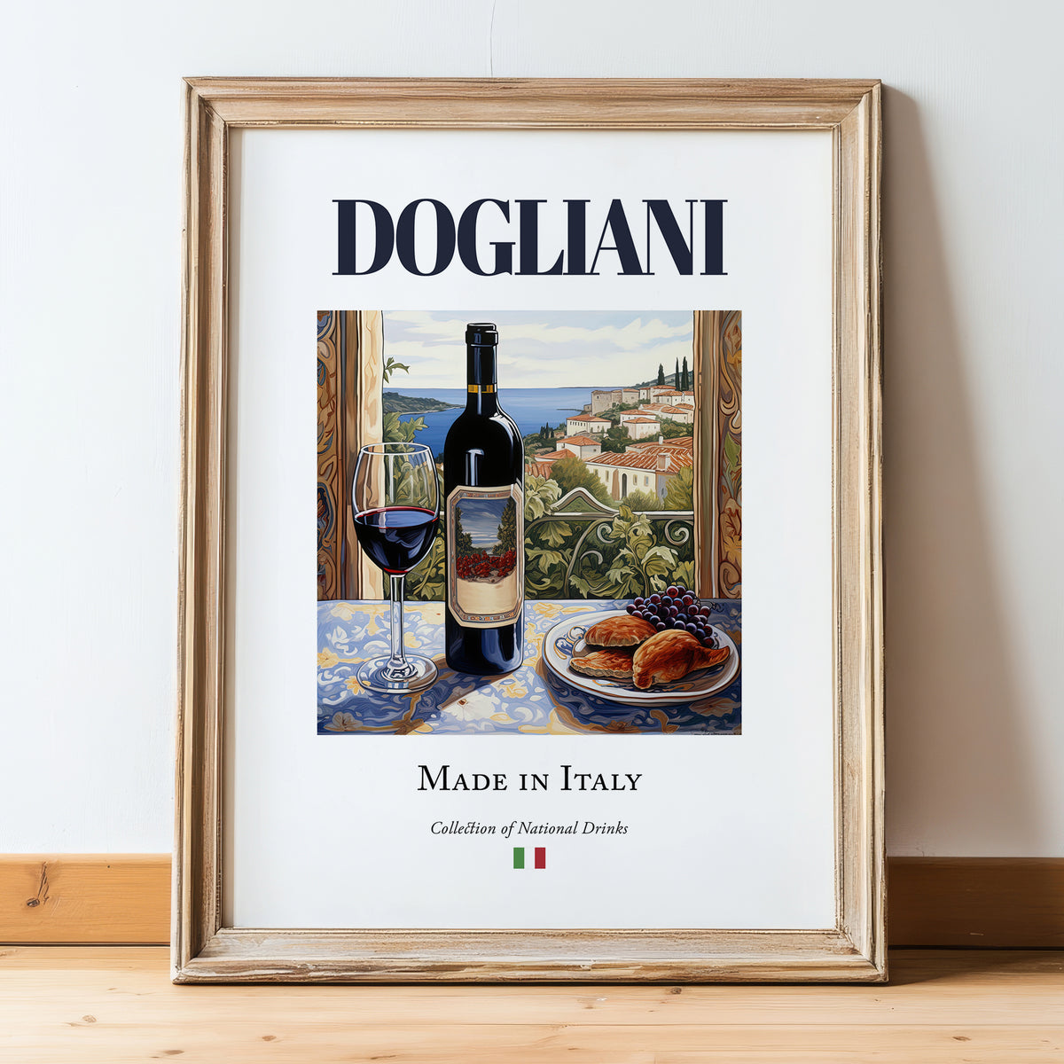 Dogliani – Italian Red Wine, Vineyard Terrace Poster, in wooden frame leaning on the floor