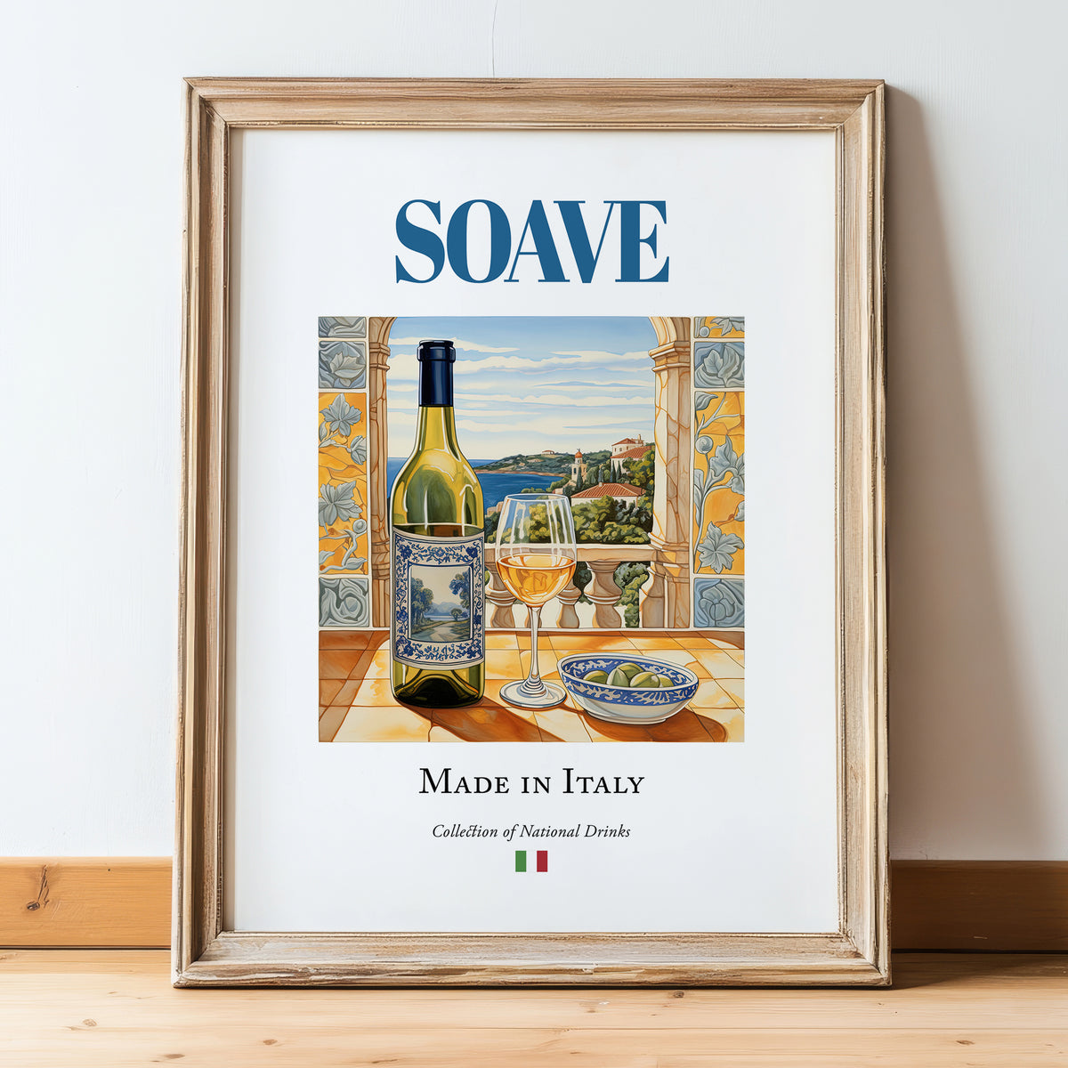 Soave – Italian White Wine, Enoteca Wall Art, in wooden frame leaning on the floor