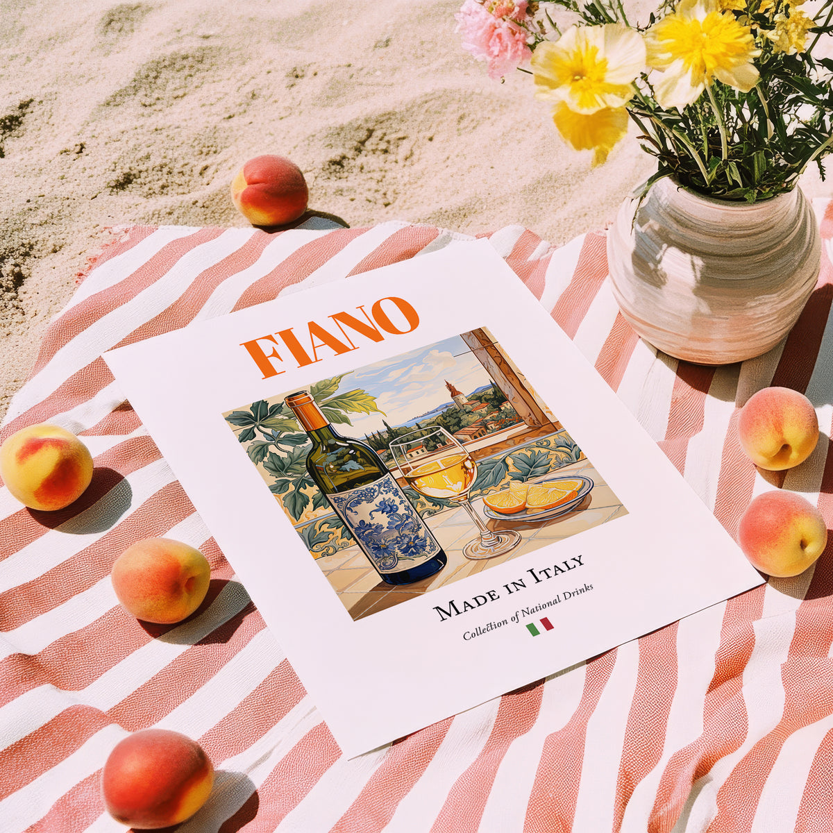 Fiano – Italian White Wine, Tasting Room Poster, unframed on coastal sand