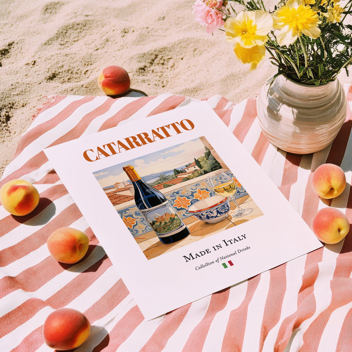 Catarratto – Italian White Wine, Wine Bar Illustration, unframed on coastal sand