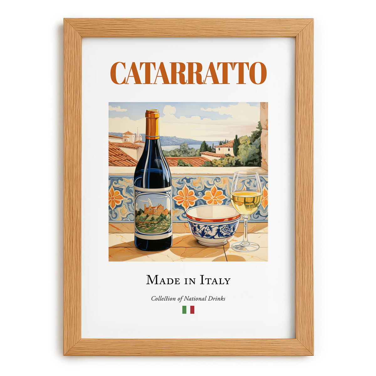 Catarratto – Italian White Wine, Wine Bar Illustration, set in oak frame