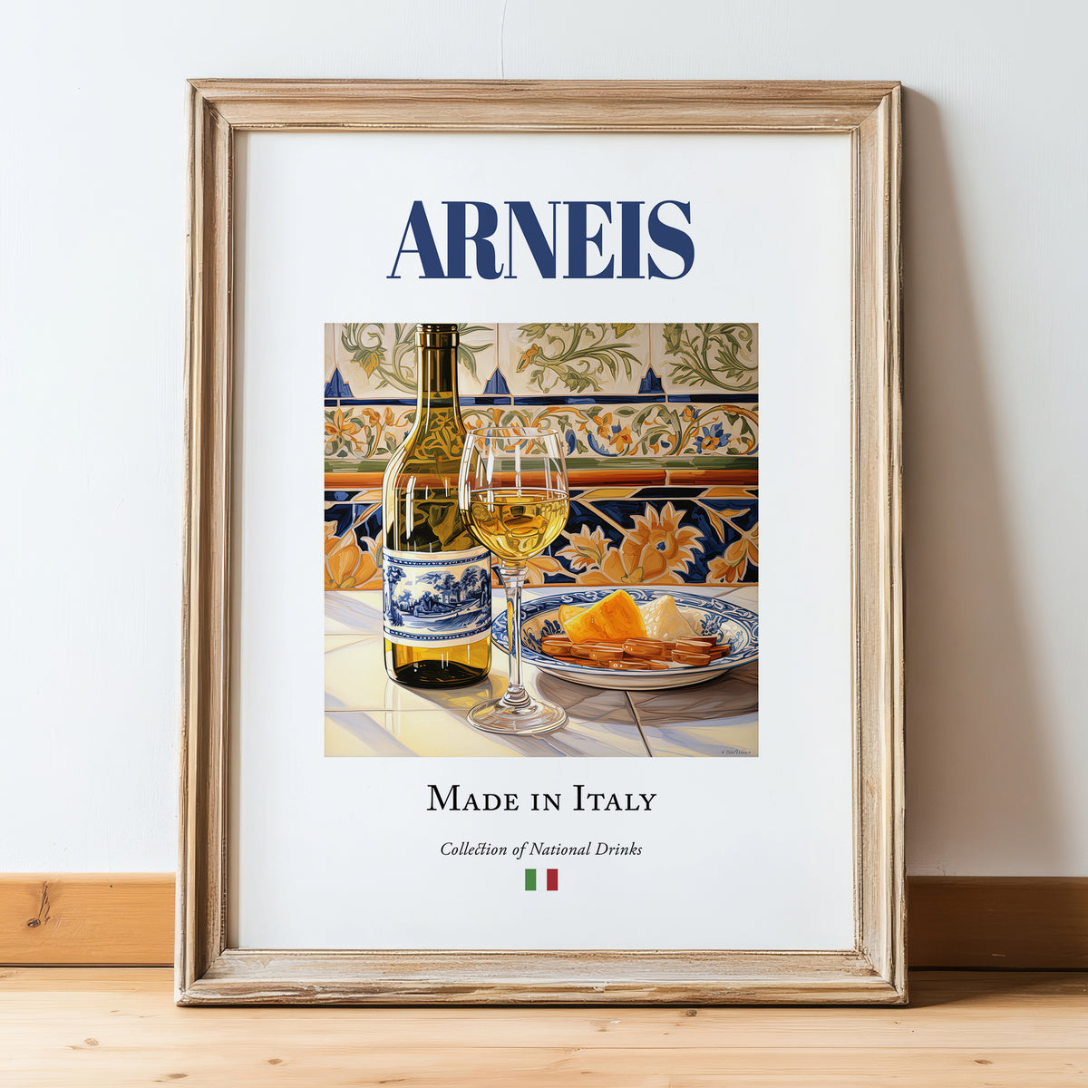 Arneis – Italian White Wine, Tasting Room Wall Art, in wooden frame leaning on the floor
