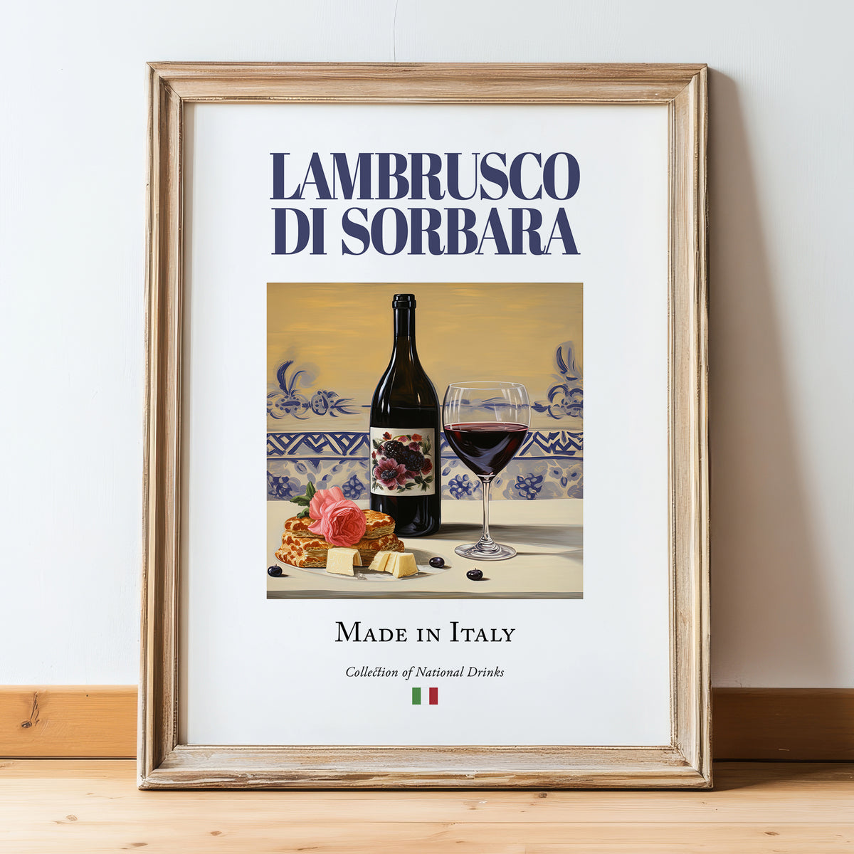 Lambrusco di Sorbara – Italian Sparkling Wine, Tasting Room Poster, in wooden frame leaning on the floor