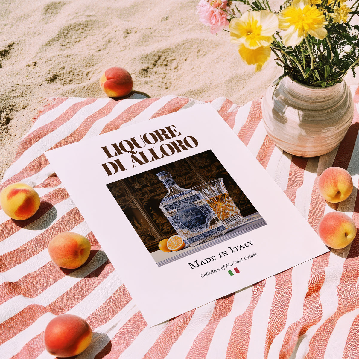 Liquore di alloro – Italian Liqueur Drink, Cocktail Lounge Still Life, unframed on coastal sand