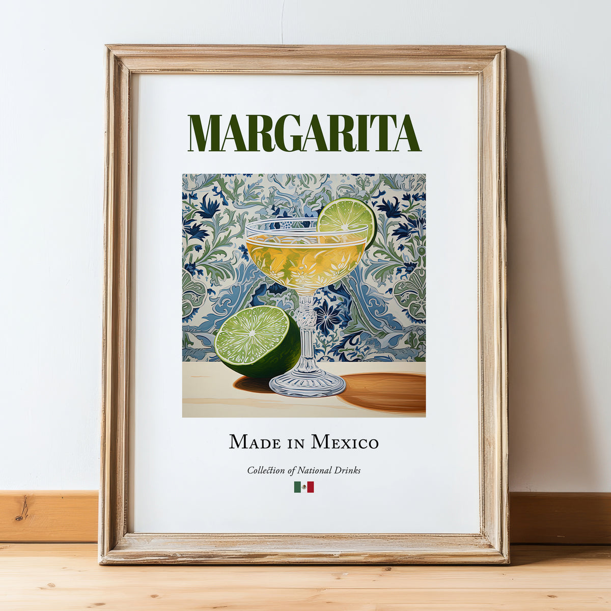 Margarita – Mexican Cocktail Drink, Beach Bar Poster, in wooden frame leaning on the floor