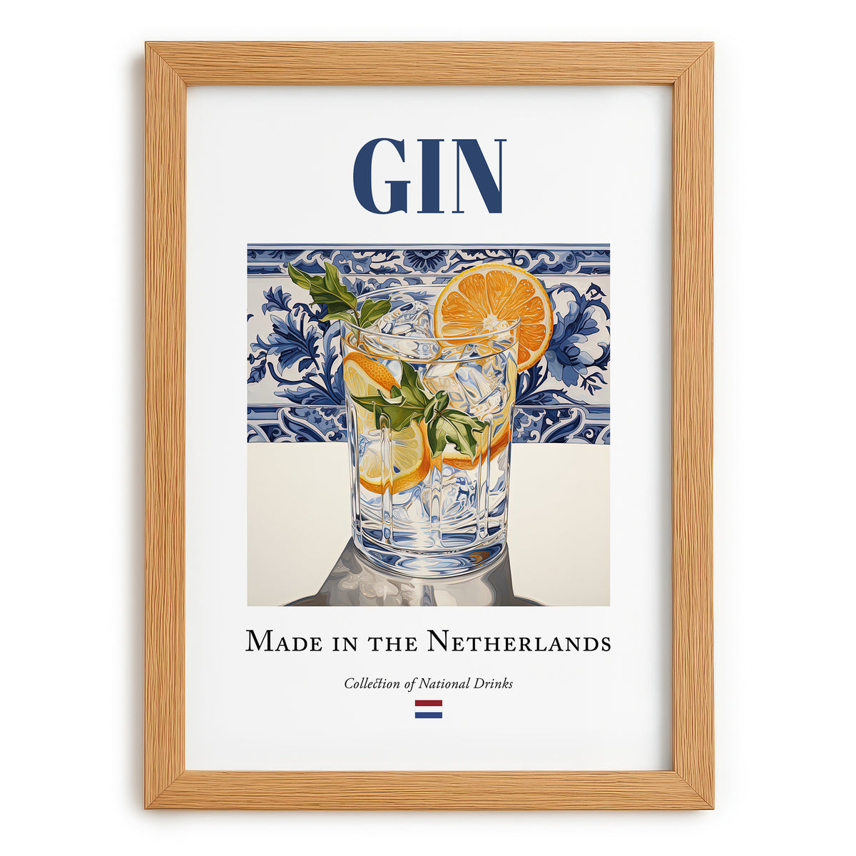 Gin – Dutch Spirit Drink, Hotel Lobby Wall Art, set in oak frame