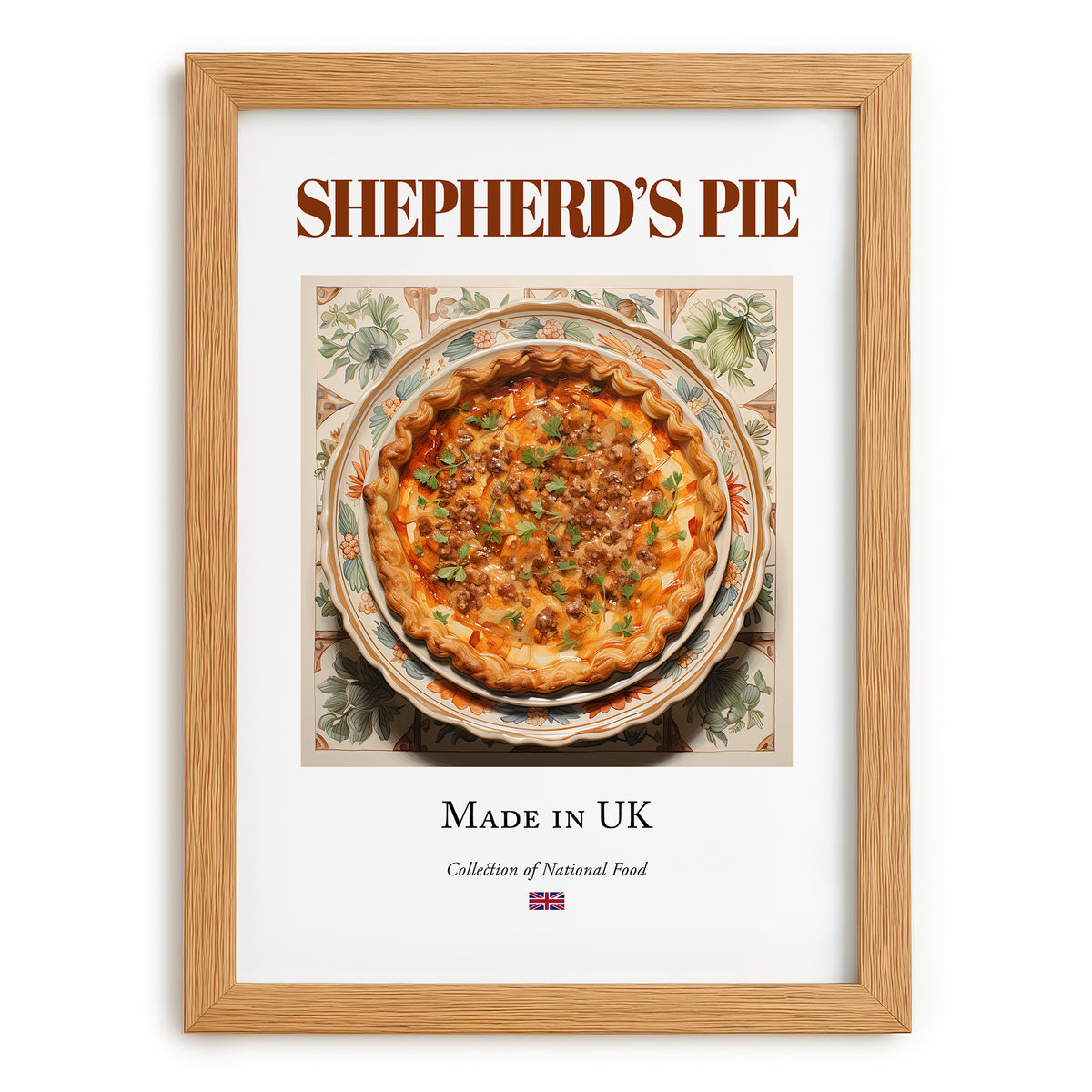 Shepherd's Pie – English Dish, Brasserie Illustration, set in oak frame
