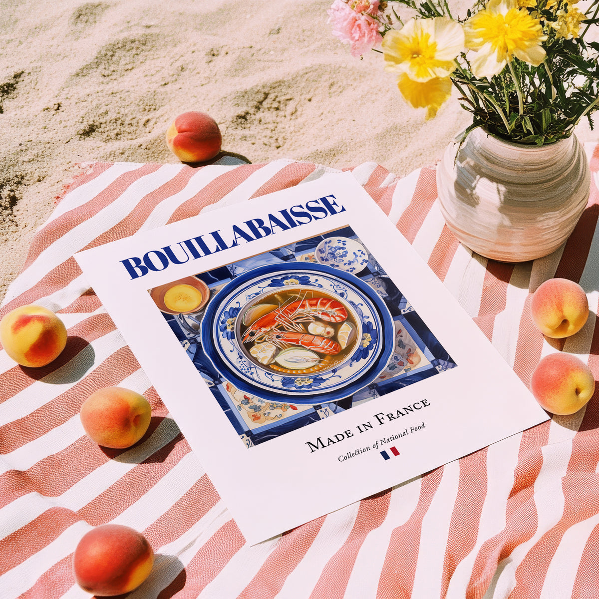 Bouillabaisse – French Soup Dish, Farmhouse Kitchen Illustration, unframed on coastal sand