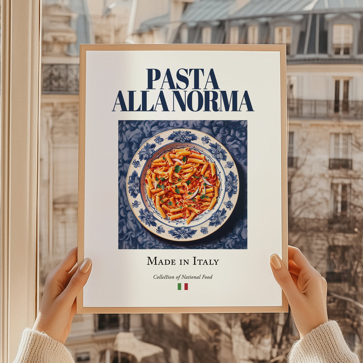 Pasta alla Norma – Italian Pasta, Osteria Wall Art, styled in a charming Paris street view