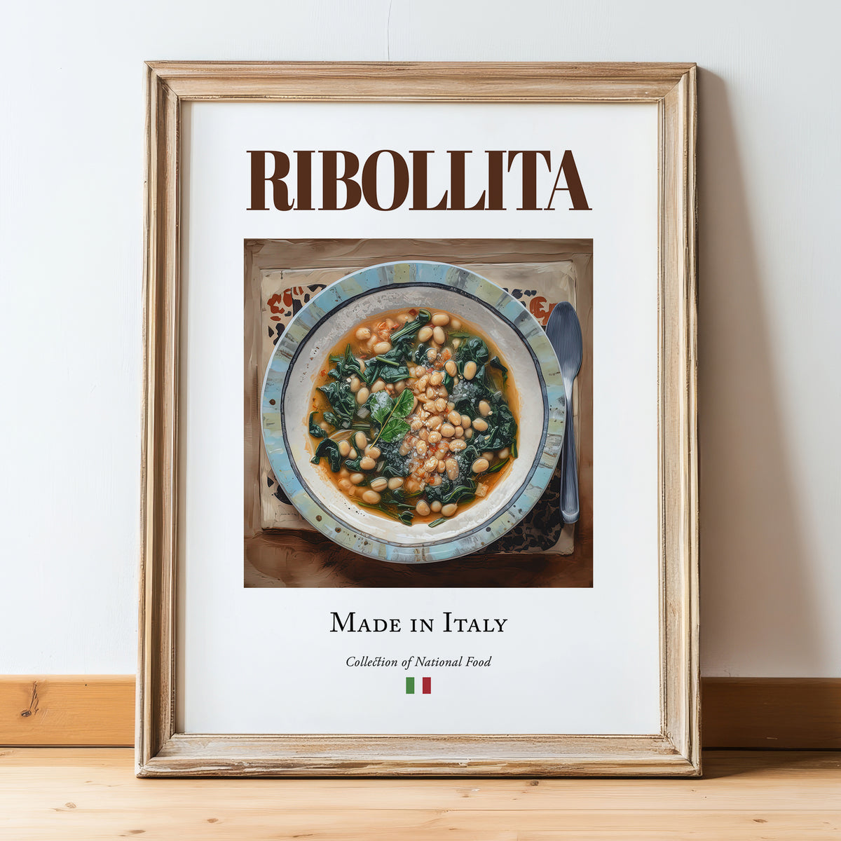 Ribollita – Italian Soup Dish, Food Bar Print, in wooden frame leaning on the floor