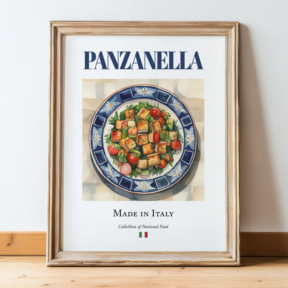 Panzanella – Italian Salad Dish, Tavern Print, in wooden frame leaning on the floor