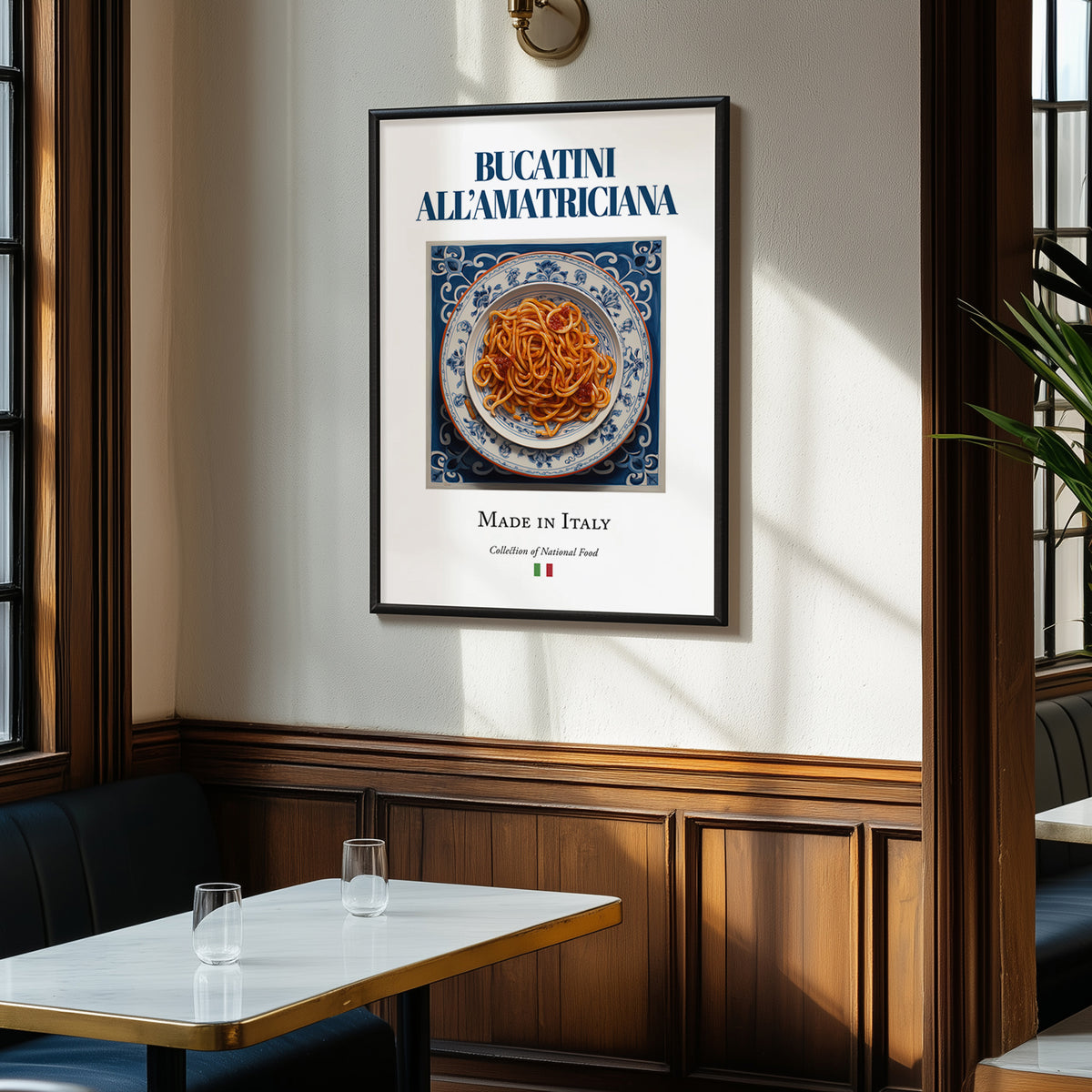 Bucatini all'Amatriciana – Italian Pasta, Trattoria Painting, clean layout with no caption