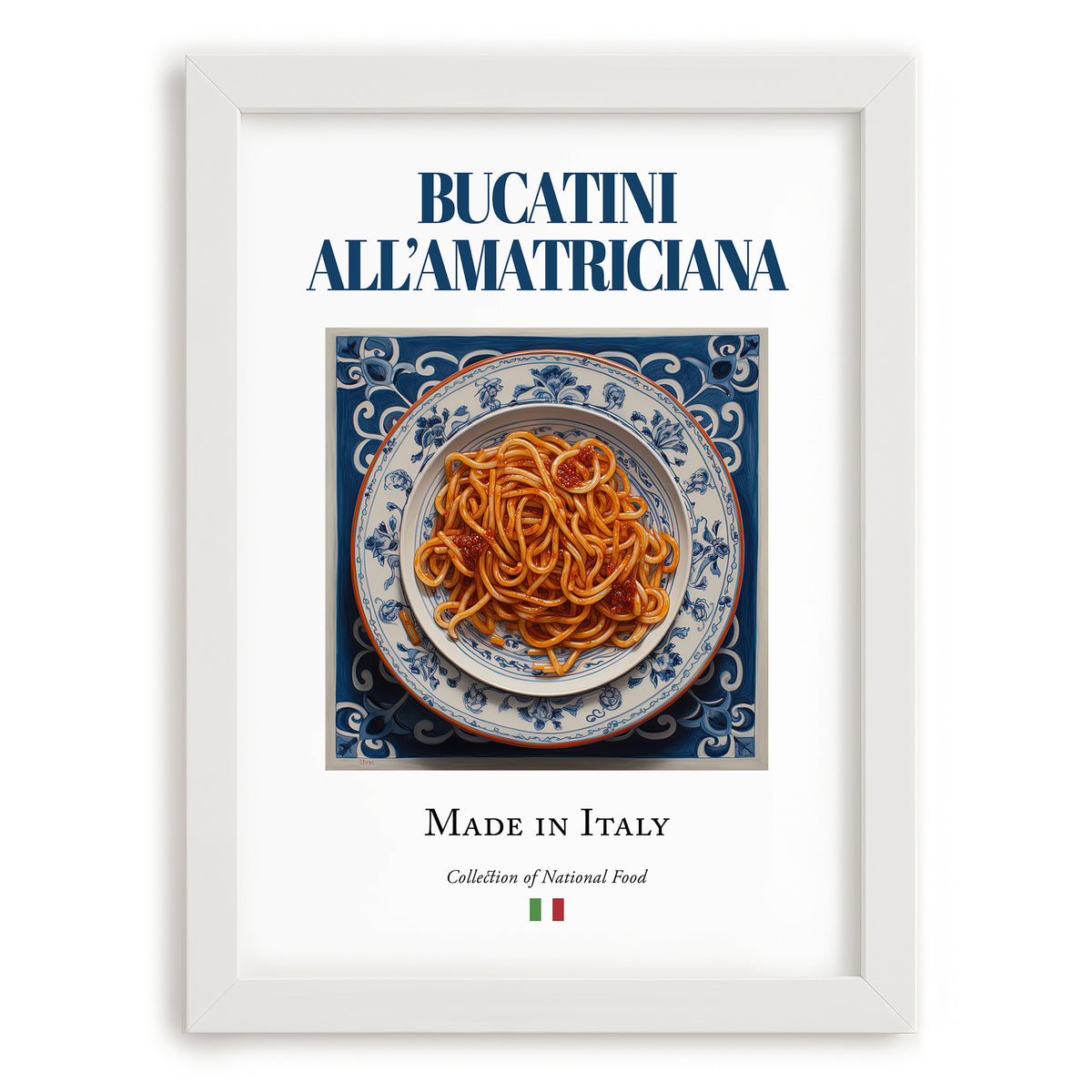 Bucatini all'Amatriciana – Italian Pasta, Trattoria Painting, placed in minimal white frame