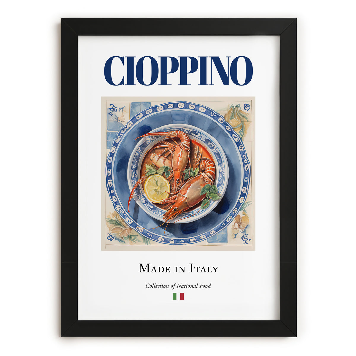 Cioppino – Italian Soup Dish, Restaurant Poster, in sleek black frame