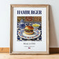 Hamburger – American Snack Dish, Bistro Poster, in wooden frame leaning on the floor
