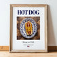 Hot dog – American Snack Dish, Café Illustration, in wooden frame leaning on the floor