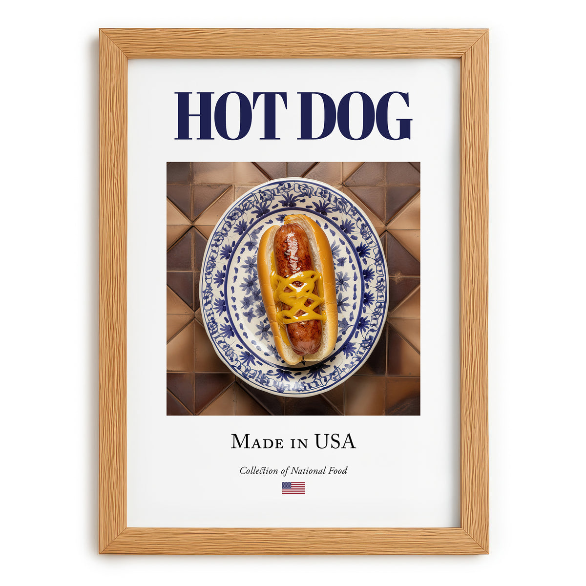 Hot dog – American Snack Dish, Café Illustration, set in oak frame