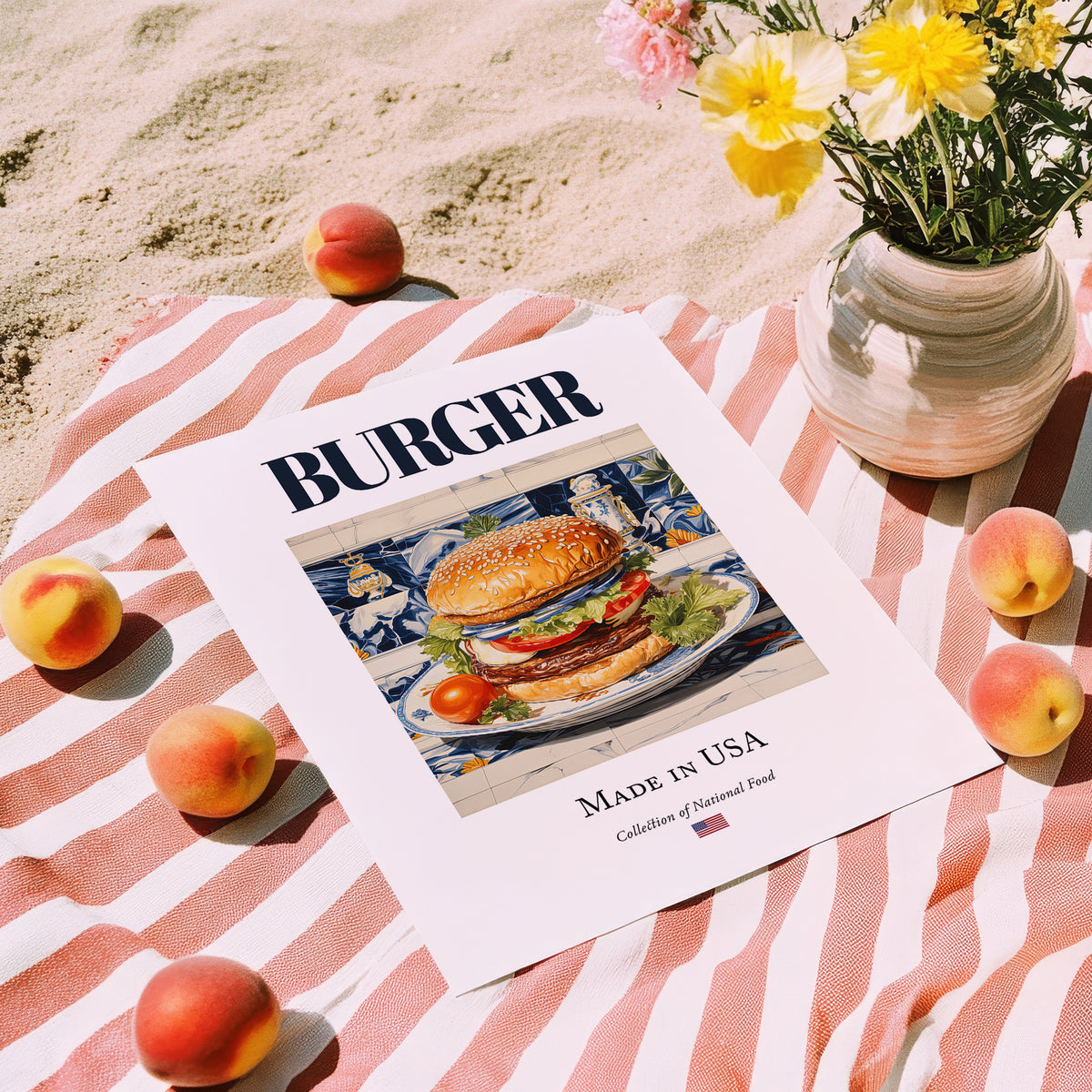 Burger – American Snack Dish, Café Art, unframed on coastal sand