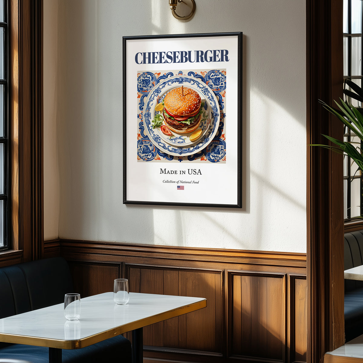 Cheeseburger – American Snack Dish, Farmhouse Kitchen Poster, clean layout with no caption