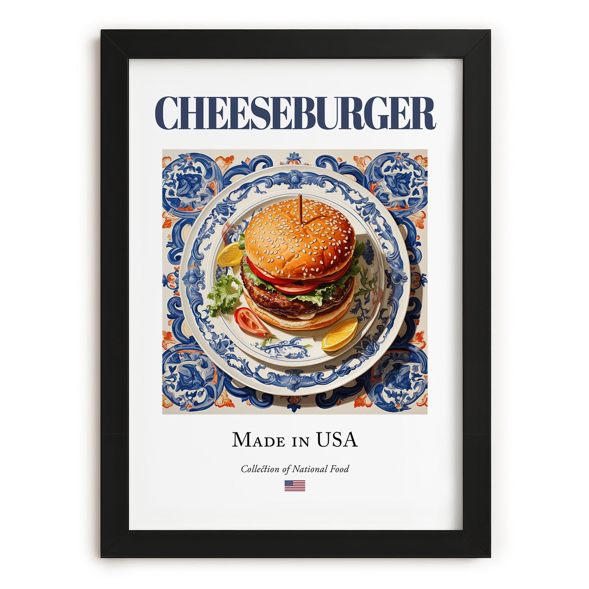 Cheeseburger – American Snack Dish, Farmhouse Kitchen Poster, in sleek black frame