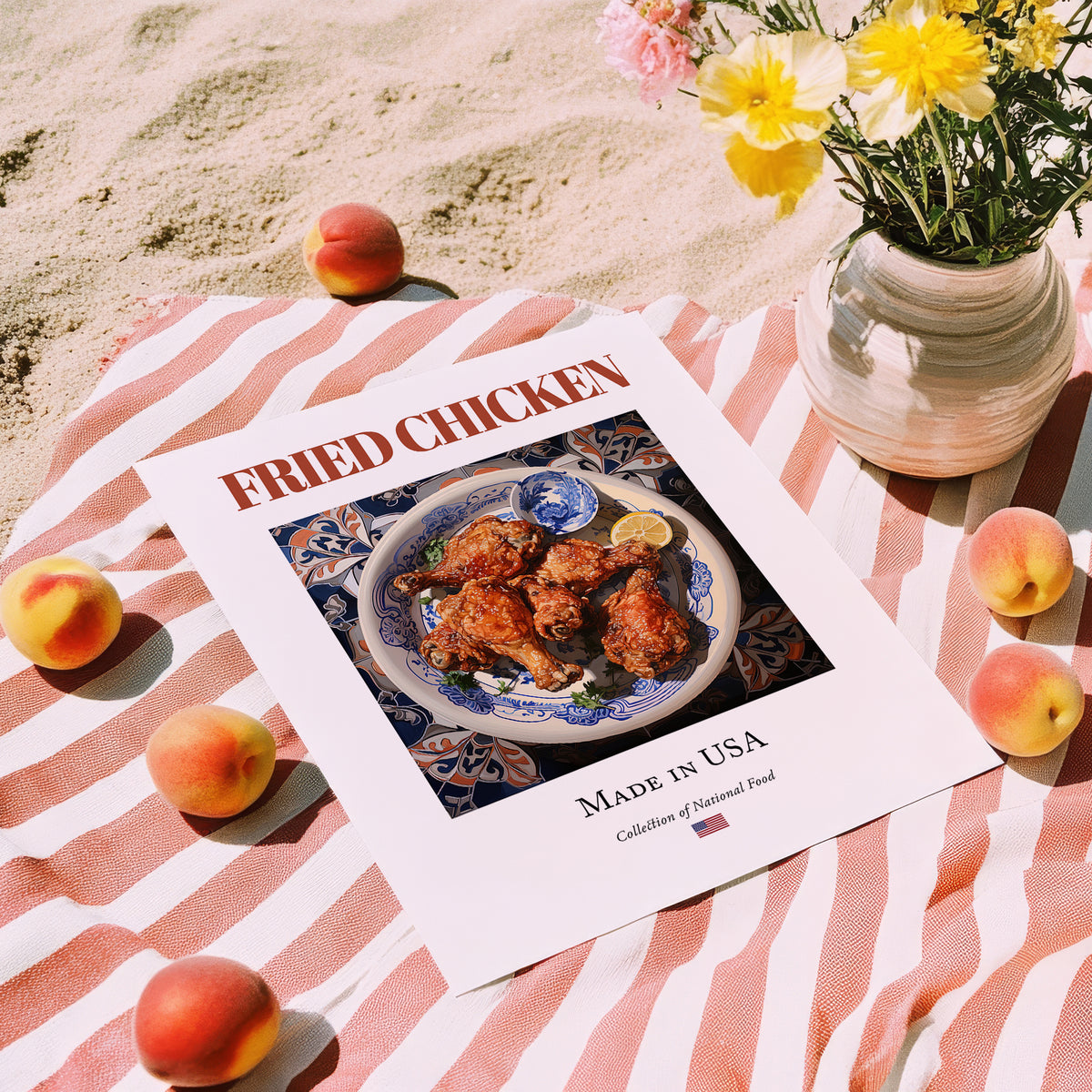 Fried Chicken – American Meat Dish, Restaurant Poster, unframed on coastal sand