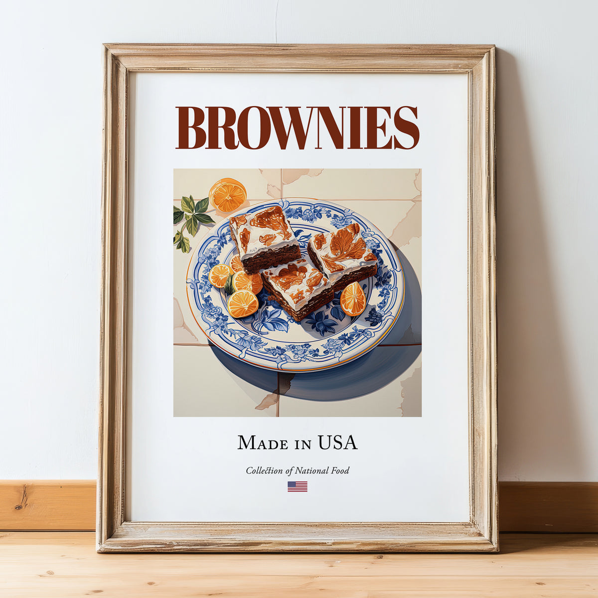 Brownies – American Dessert Dish, Tavern Print, in wooden frame leaning on the floor