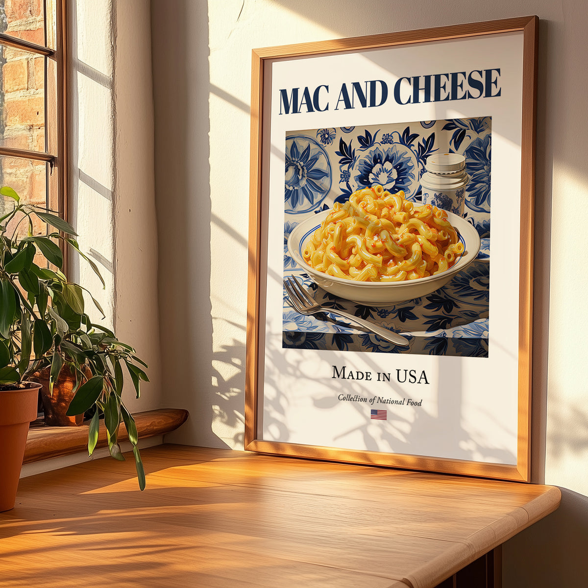 Mac and Cheese – American Dish, Fine Dining Restaurant Poster, no-text version framed in wood