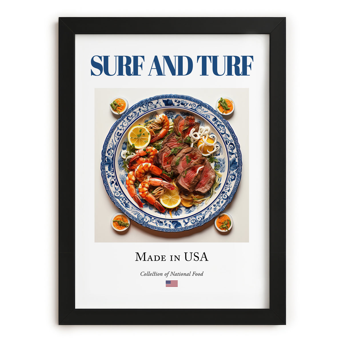 Surf and Turf – American Meat Dish, Tavern Wall Decor, in sleek black frame