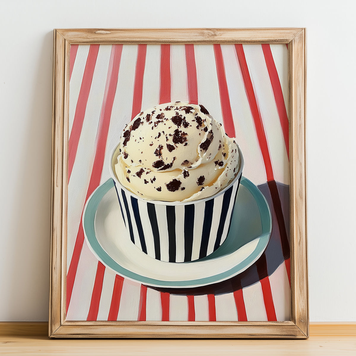 Stracciatella – on Striped Tablecloth, Gelato Wall Painting, no-text version framed in wood