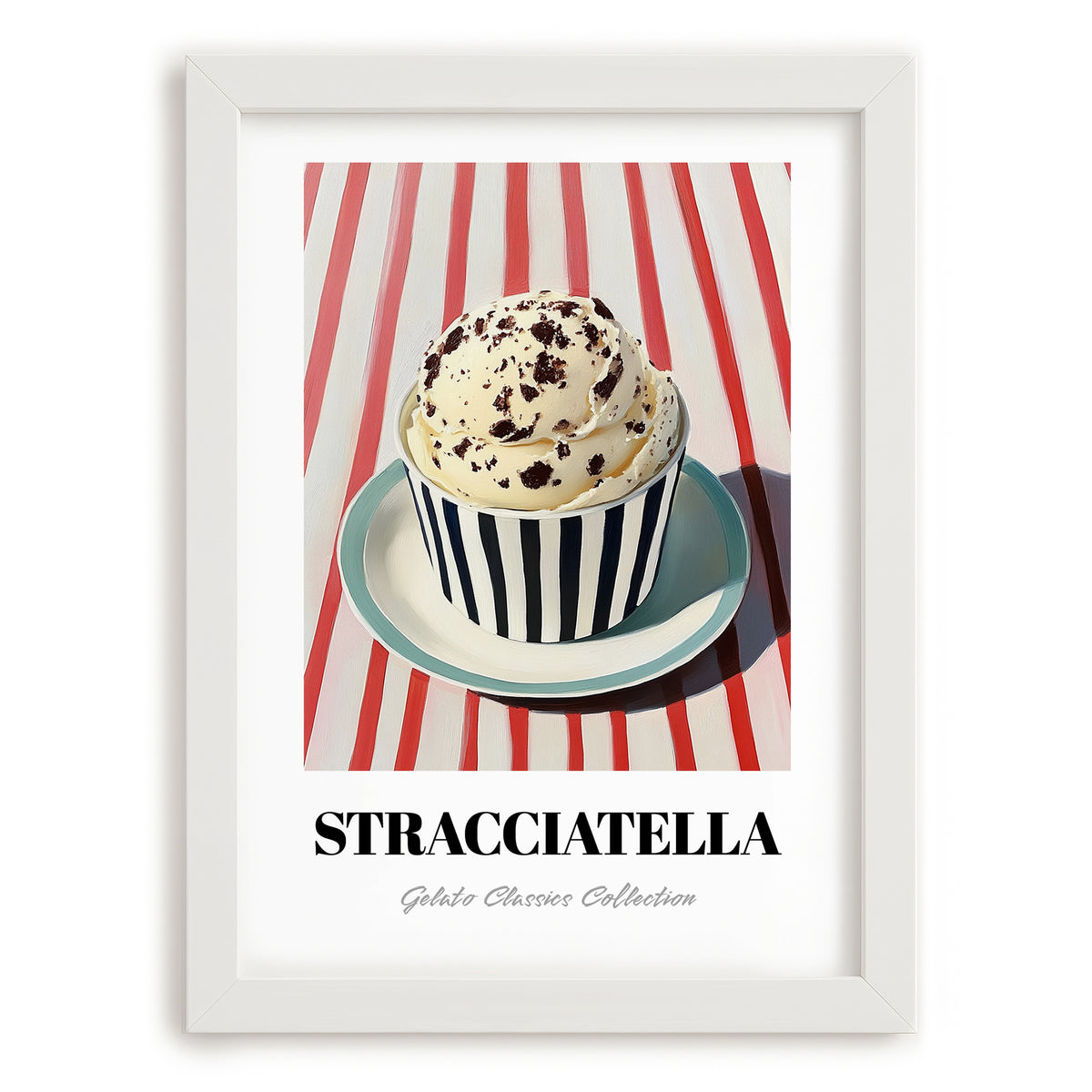 Stracciatella – on Striped Tablecloth, Gelato Wall Painting, placed in minimal white frame