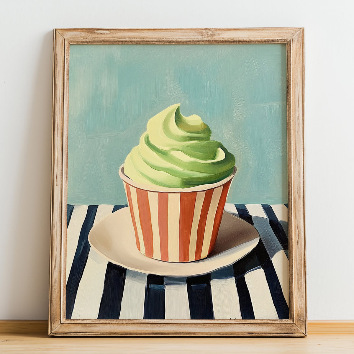 Pistacchio – on Striped Tablecloth, Gelato Still Life, no-text version framed in wood