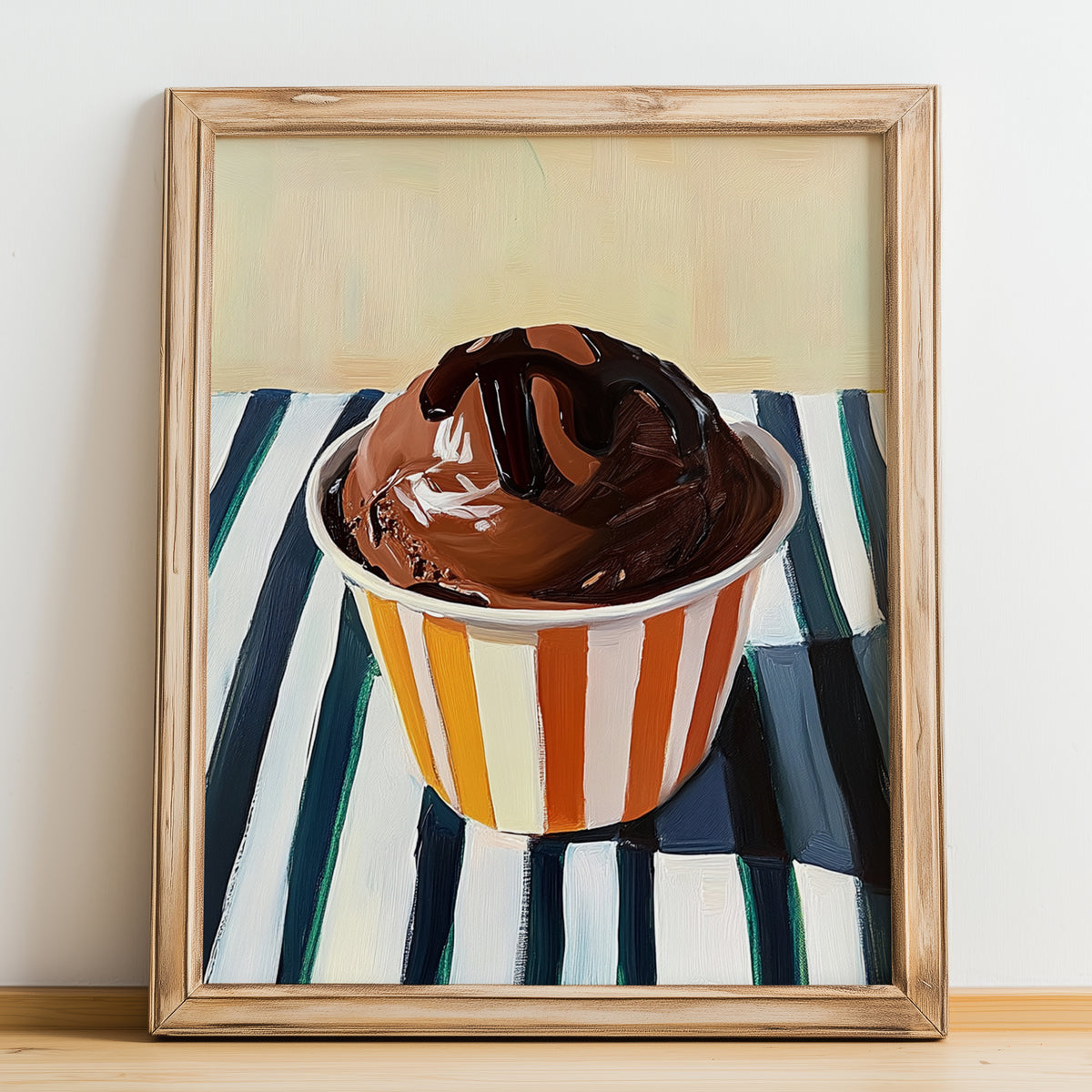 Cioccolato Fondente – on Striped Tablecloth, Gelato Still Life, no-text version framed in wood