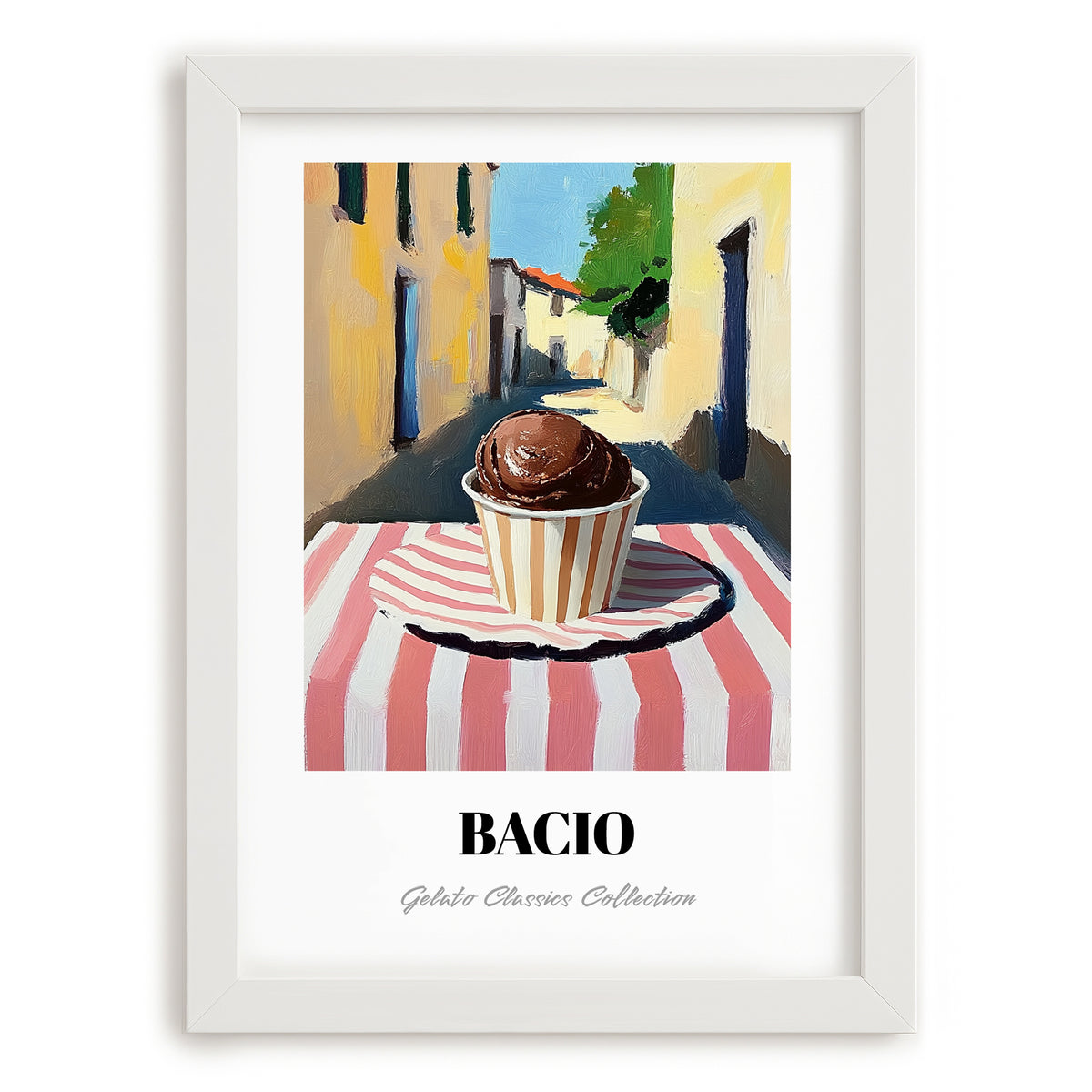 Gelato Bacio – Italian Street Café Scene, Gelato Poster, placed in minimal white frame