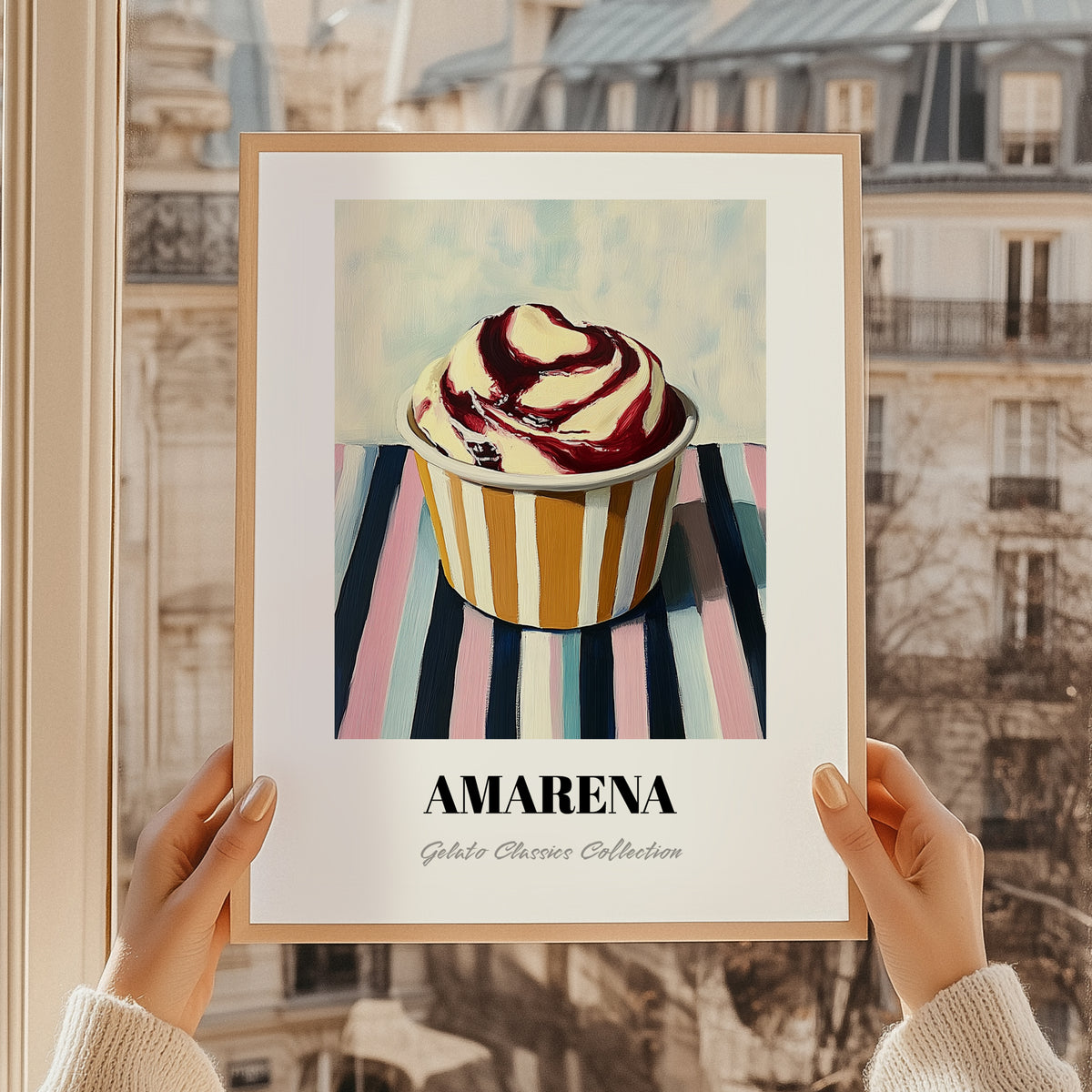Amarena – on Striped Tablecloth, Gelato Print, styled in a charming Paris street view