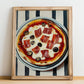 Prosciutto E Funghi – on Striped Tablecloth, Pizza Still Life, no-text version framed in wood