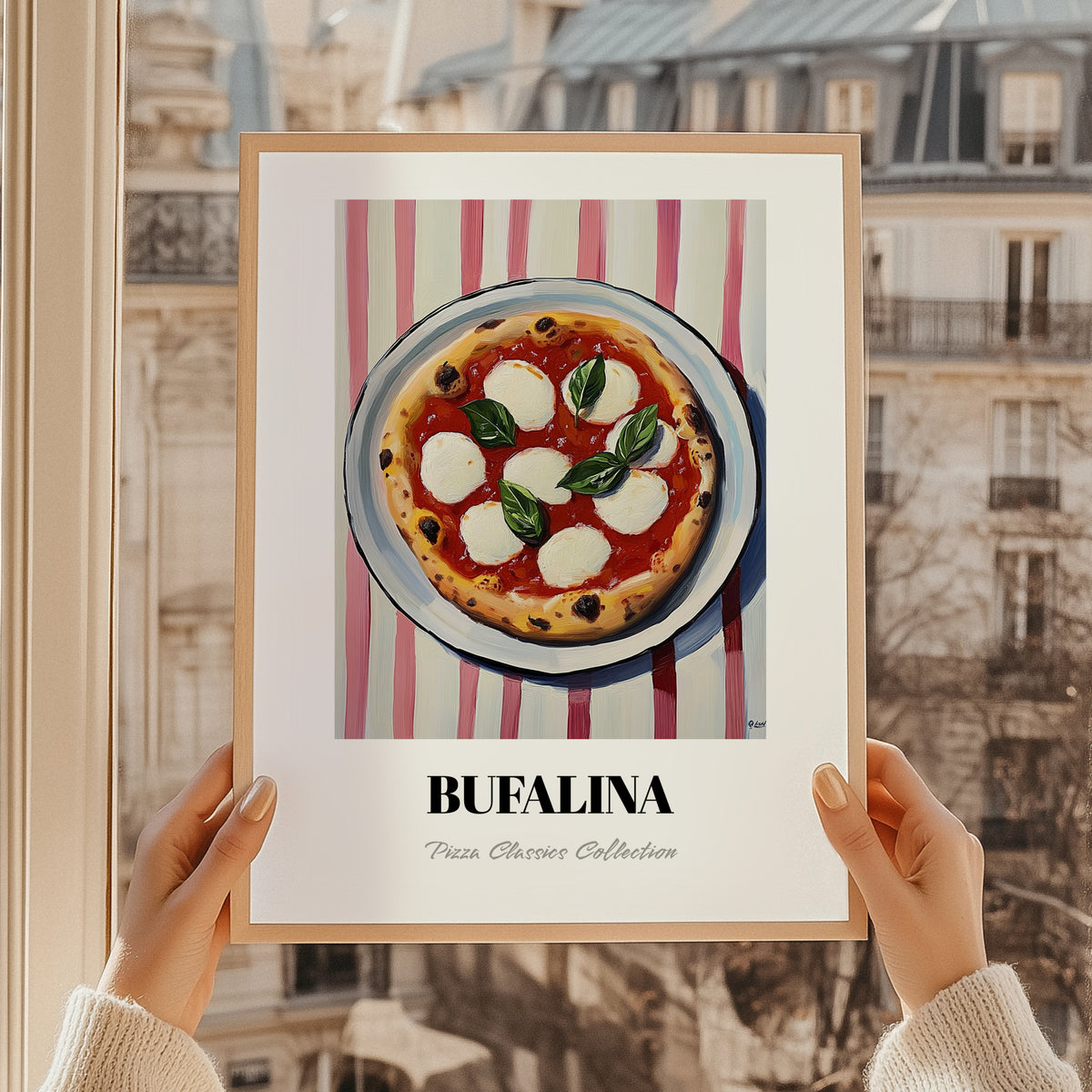 Bufala (Bufalina) – on Striped Tablecloth, Pizza Still Life, styled in a charming Paris street view