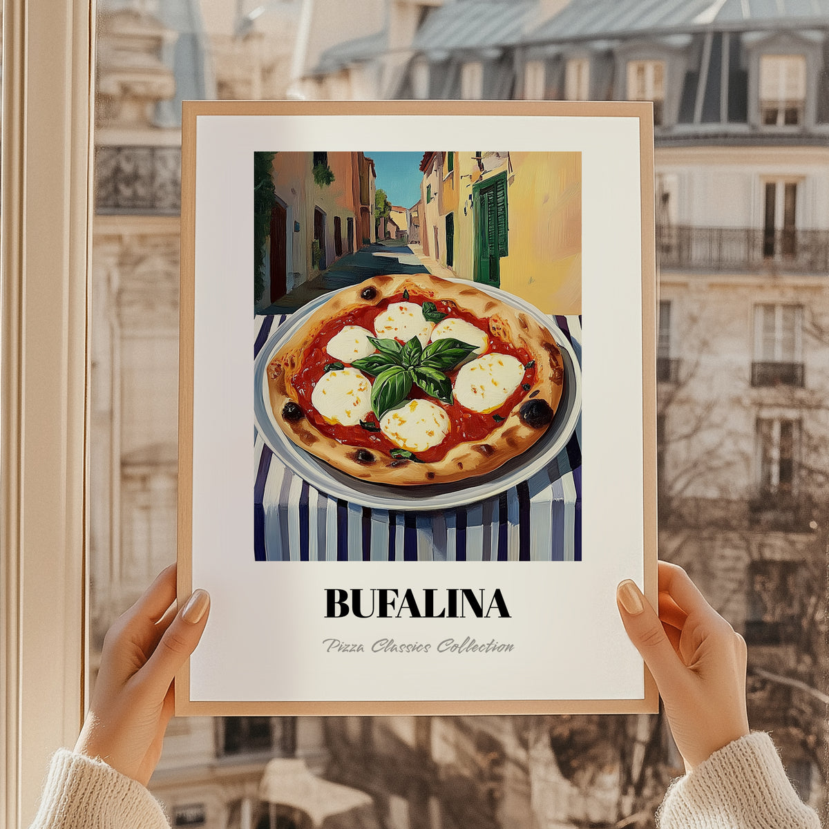 Pizza Bufalina (Bufala) – Italian Café on the Corner, Pizza Painting, styled in a charming Paris street view