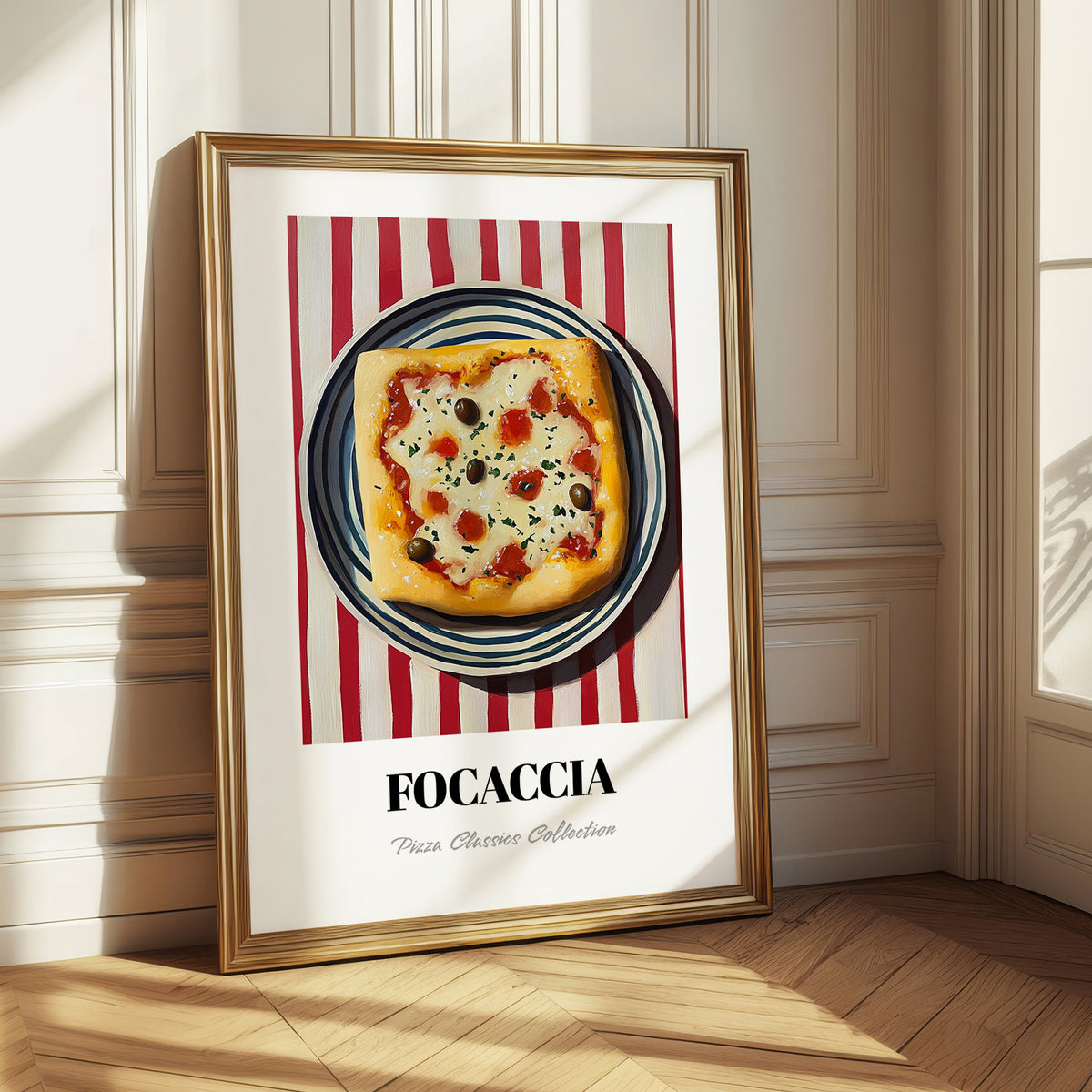 Focaccia – on Striped Tablecloth, Pizza Painting