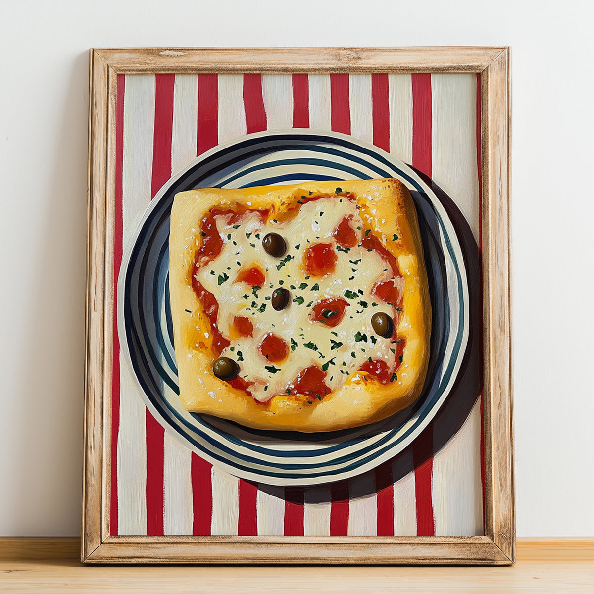 Focaccia – on Striped Tablecloth, Pizza Painting, no-text version framed in wood